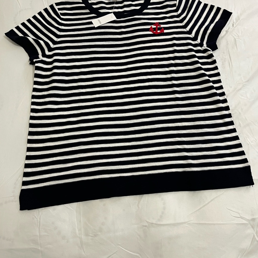 LOFT Navy & White Striped Tee with Red Anchor Patch Womens Size XL New with Tags